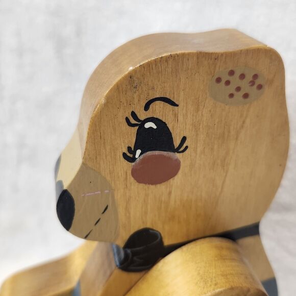 Vintage Handmade Wooden Teddy Bear Figurine Seated Articulated Nursery Blue Jean - Picture 4 of 8